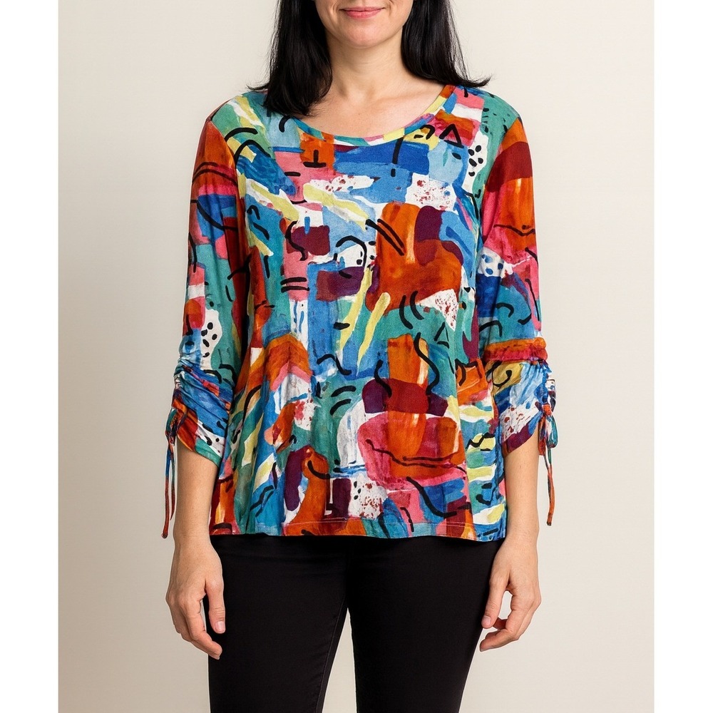 Ali Miles Petite‎ M Multicolor Abstract 3/4 Sleeve Blouse Knit Tunic Top Artsy